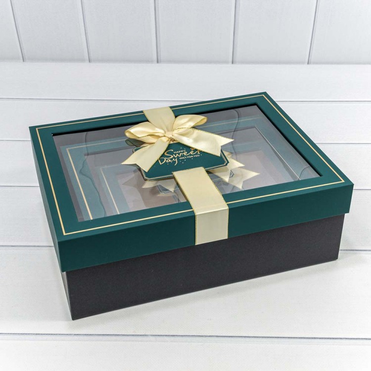 Коробки Прямоугольные Набор 1/3 33,5*25*11,5 с окошком и бантом Синевато-зелёный/Чёрный 1/12 Арт: 721306/6