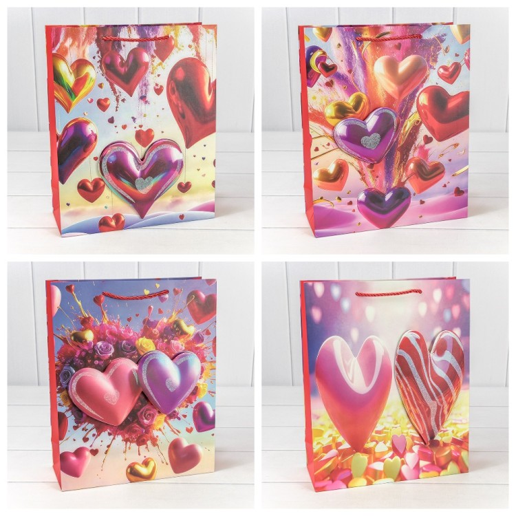 Пакет подарочный с 3D аппликацией "Сердца" (микс 112) 26*32*10 210г 1/20 1/240 Арт: 000112C