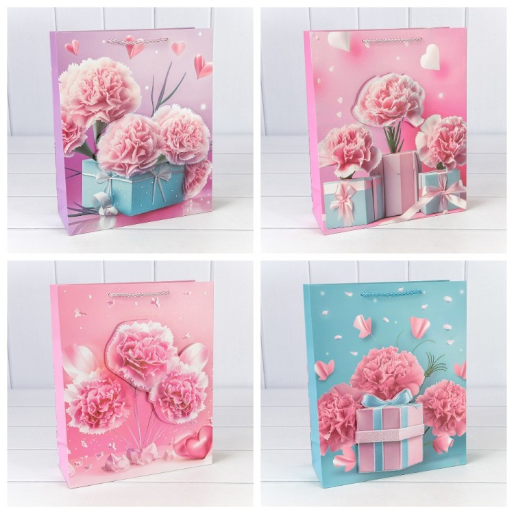 Пакет подарочный с 3D аппликацией "Гвоздики" (микс 260) 26*32*10 210г 1/20 1/240 Арт: 000260C